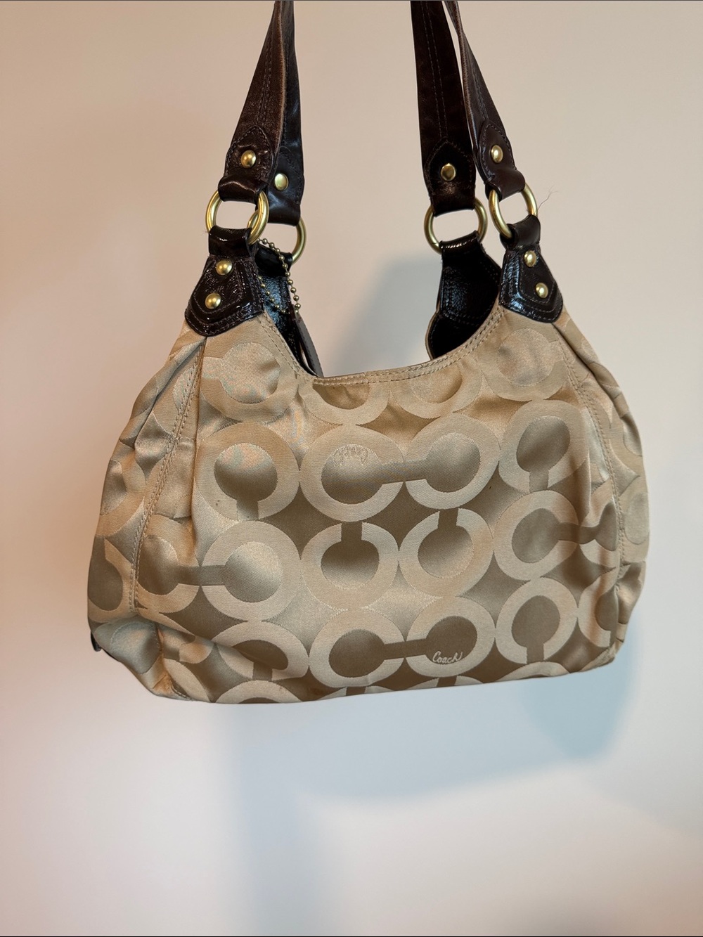 Coach Tan Signature Canvas Shoulder Bag with Dark Brown Trim - Picture 3 of 8